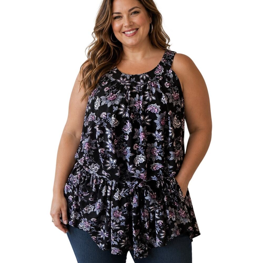 Lane Bryant Goddess Neck Belted Tank Womens Size 26/28 Black Purple Floral Top
